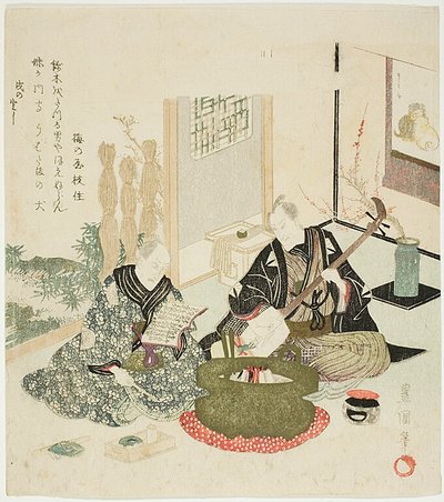Shamisen lezen en spelen in de winter door Utagawa Toyokuni I