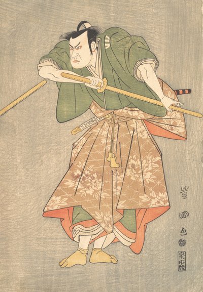 De acteur Kataoka Nizaemon in ceremoniële gewaden van groen en roze door Utagawa Toyokuni I