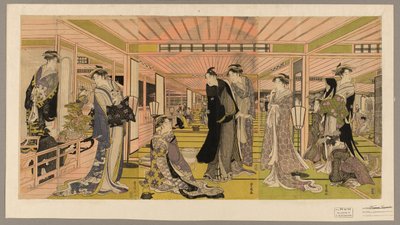 De salon van een bordeel in de plezierwijken door Utagawa Toyokuni I
