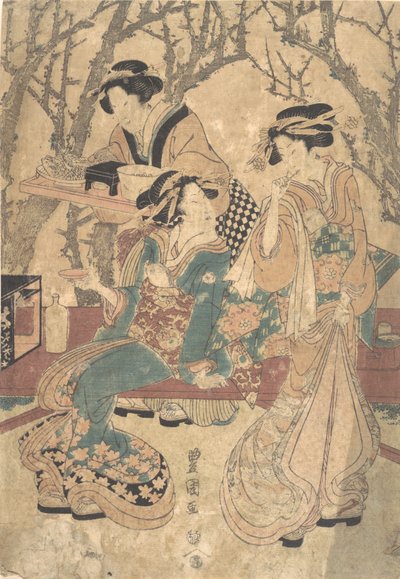 Drie vrouwen dineren voor een groep bomen door Utagawa Toyokuni I