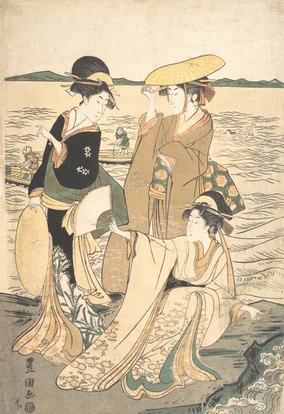 Drie jonge dames aan de kust door Utagawa Toyokuni I