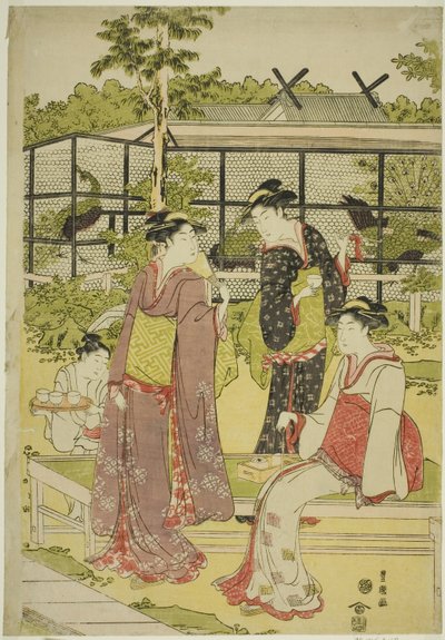 Vrouwen die het Vogel- en Bloementheehuis Bezoeken door Utagawa Toyokuni I
