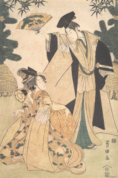 Jonge dame met trommel en man met waaier die haar groet door Utagawa Toyokuni I