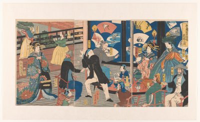 Buitenlanders tijdens een drinkgelag in het Gankiro theehuis door Utagawa Yoshiiku