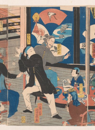 Buitenlanders tijdens een drinkgelag in het Gankiro theehuis door Utagawa Yoshiiku