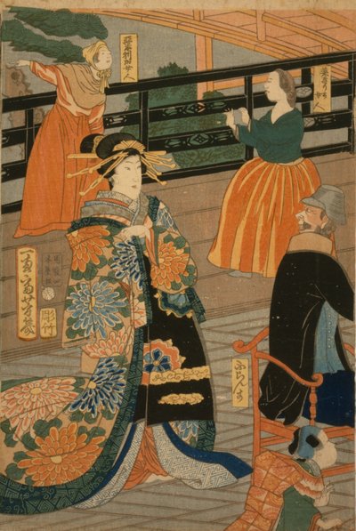 Bezoekers uit verschillende landen genieten van een feest in de Fan Room van de Gankir?, 1860 door Utagawa Yoshiiku