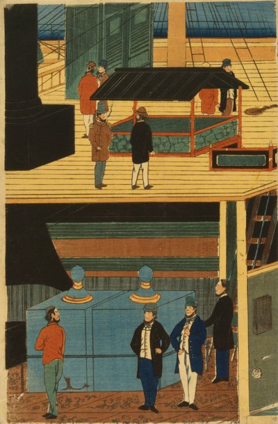 Een Amerikaans stoomschip met een groep passagiers onder het dek en activiteiten op het dek door Utagawa Yoshikazu
