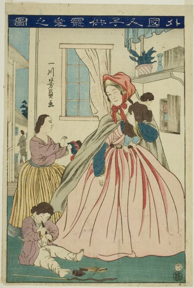 Buitenlander die voor Haar Kinderen Zorgt (Gaikokujin kodomo choai no zu) door Utagawa Yoshikazu