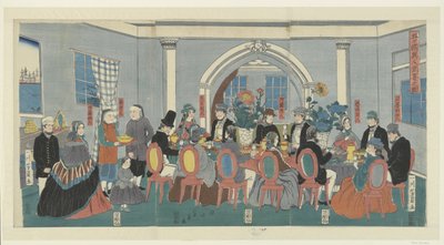 Vijf nationaliteiten aan een banket door Utagawa Yoshikazu