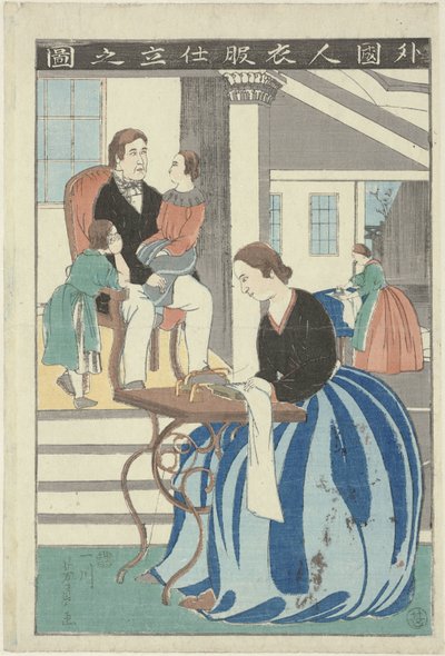Westerse vrouw achter een naaimachine door Utagawa Yoshikazu