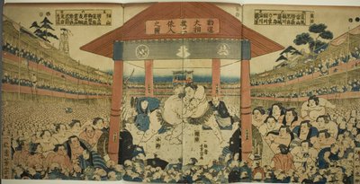 Optocht van worstelaars voor een benefietwedstrijd (Kanjin ozumo dohyo-iri no zu) door Utagawa Yoshimune