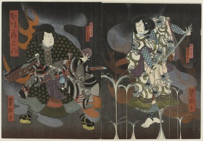 Twee acteurs tussen vlammen en rook door Utagawa Yoshitaki