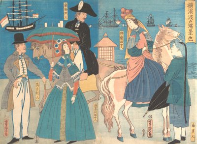 Een uitzicht op de kades in Yokohama, 2e maand, 1861 door Utagawa Yoshitora