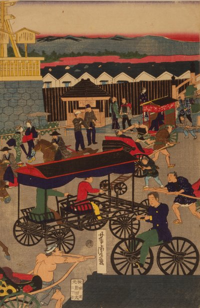 Bloeiend Nihonbashi-gedeelte van Tokio. Tokyo Nihonbashi han ei no zu Drieluik door Utagawa Yoshitora
