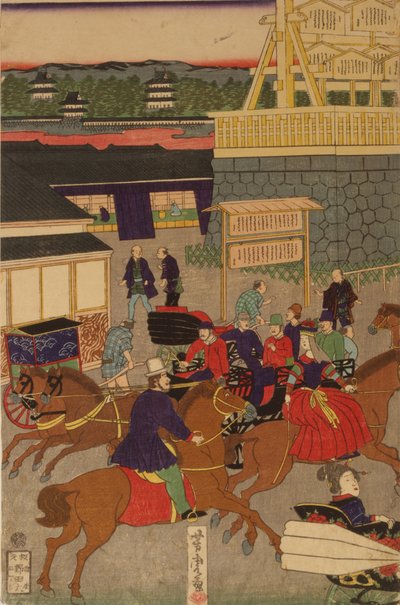 Bloeiend Nihonbashi-gedeelte van Tokio. Tokyo Nihonbashi han ei no zu drieluik door Utagawa Yoshitora