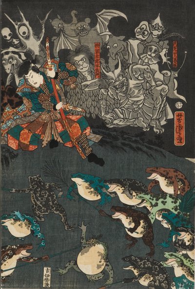 Nikushi de Kikkerspirit roept een magische strijd van kikkers op in Tateyama in de provincie Etchu, 1864 door Utagawa Yoshitora