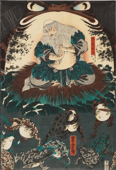 Nikushi de Kikkerspirit roept een magische strijd van kikkers op in Tateyama in de provincie Etchū door Utagawa Yoshitora