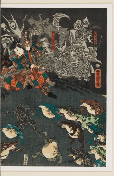 Nikushi de Kikkerspirit roept een Magische Slag van Kikkers op in Tateyama in de provincie Etchū door Utagawa Yoshitora