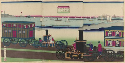Afbeelding van Stoomlocomotieven die Reizen (Jokisha rikudo tsuko no zu) door Utagawa Yoshitora