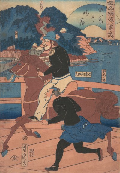 Terugkerende zeilen bij Nogei [Amerikaans paar rijdt over de Nogei-brug], 1e maand, 1861 door Utagawa Yoshitora