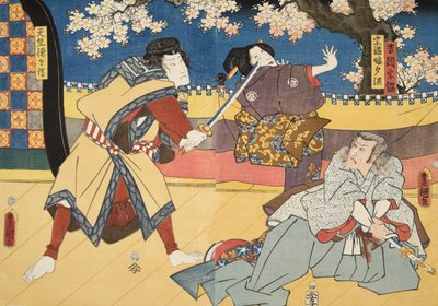 Scène uit Genji monogatari (Verhaal van Genji) door Murasaki Shibuku (geb. 978) ca. 1860 door Utagawa and Toyokuni Kuniyoshi