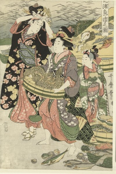 Gezicht op de vismarkt op het strand te Shiba door Utamaro (II) , Kitagawa