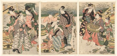 Gezicht op de vismarkt op het strand te Shiba door Utamaro (II) , Kitagawa