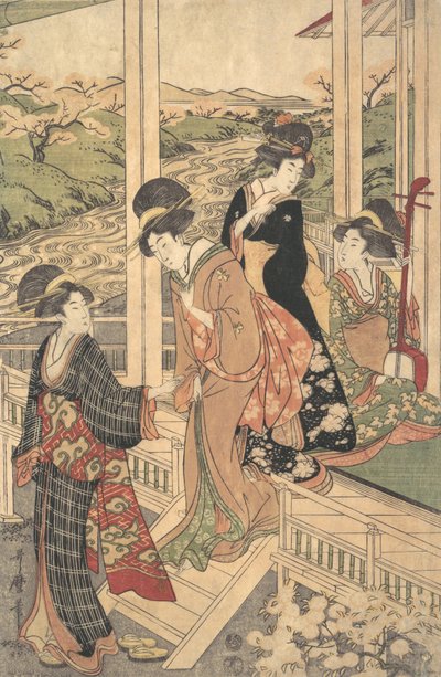 Groep vrouwen op de Engawa van een landhuis, in de tijd van de kersenbloesem, ca. 1806 door Utamaro II