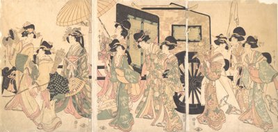 Dames rondom een kar door Utamaro II