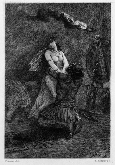 Hij knielde op de grond voor haar. Illustratie door V.A. Poirson (1890) voor de roman 
