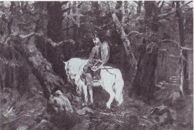 In overpeinzing (Ridder te paard rijdt het donkere bos in) door V.Vasnetsov