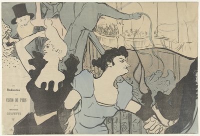 Affiche met aankondiging van gemaskerd bal in Casino van Parijs met portretten van Cha-u-kao en Yvette Guilbert door V. Michel