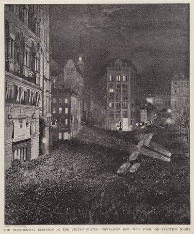 Newspaper Row, New York City, op de avond van de Amerikaanse presidentsverkiezingen, 8 november 1892 door V. Perard