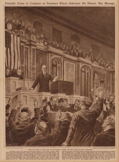 Amerikaanse president Woodrow Wilson vraagt het Congres om de oorlog aan Duitsland te verklaren door V. Perard