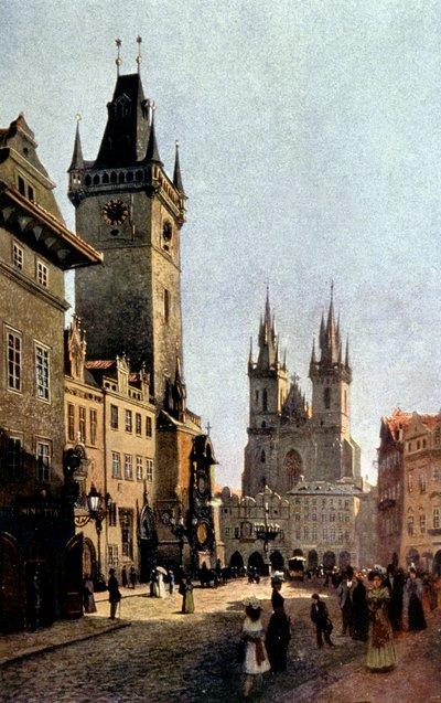 het Starometsky plein en stadhuis in Praag, ca. 1900 (prent) door Vaclav Jansa