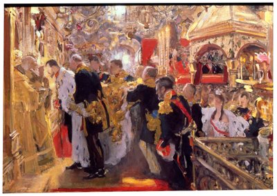 De Kroning van Keizer Nicolaas II in de Maria-Tenhemelopnemingskathedraal door Valentin Serov