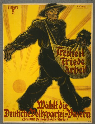Freiheit, Friede, Arbeit, Wählt die Deutsche Volkspartei in Bayern, pub. München, 1919 door Valentin Zietara