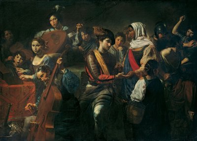 Vrolijk gezelschap met waarzegster, 1631 door Valentin de Boullogne