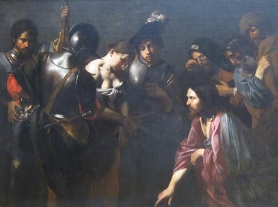 Christus en de overspelige vrouw door Valentin de Boulogne