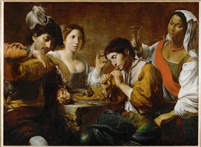 Reünie in een cabaret - Gezelschap in een taverne ... door Valentin de Boulogne