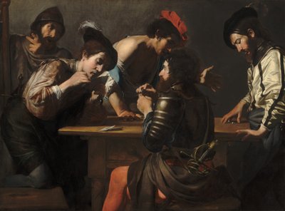Soldaten die Kaarten en Dobbelstenen Spelen (De Valsspelers) door Valentin de Boulogne