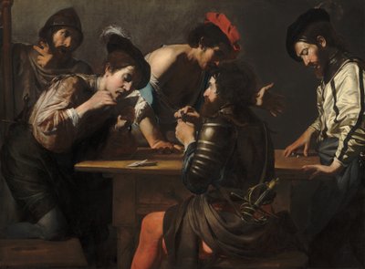 Soldaten die kaarten en dobbelstenen spelen De bedriegers door Valentin de Boulogne