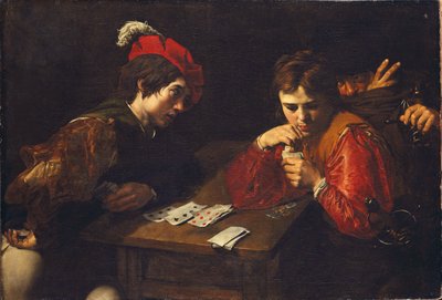 De Kaartspelers, door Valentin de Boullogne (1591-1632). Olie op doek, ca. 1615. Afmetingen: 94,5 x 137 cm. Dresden Staatskunstcollecties door Valentin de Boulogne