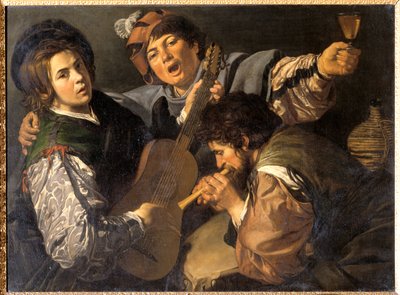 Drie mannen maken muziek, c.1616 door Valentin de Boulogne
