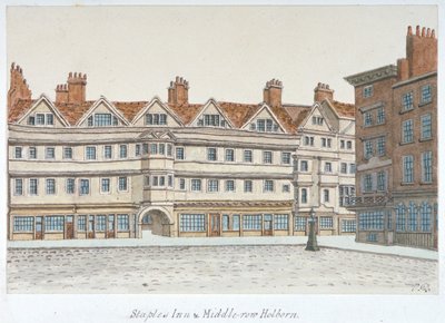 Uitzicht op Staple Inn en de gebouwen van Middle Row in het centrum van Holborn, Londen, 1850 door Valentine Davis