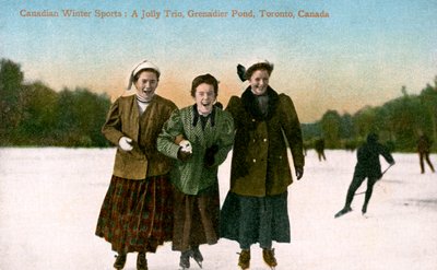 Canadese wintersporten: Een vrolijk trio, Grenadier Pond, Toronto, Canada, 20e eeuw door Valentine and Sons Publishing Co