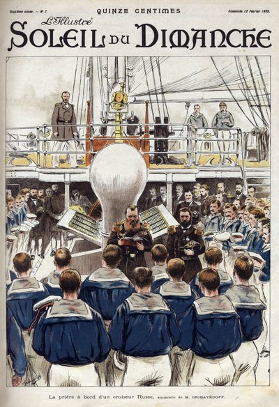 Het gebed van de matrozen aan boord van een Russische kruiser. Naar een aquarel van de heer Gribayedoff. Gravure in 