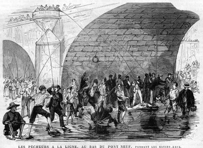 De visser heeft de lijn onderaan de Pont Neuf in Parijs in 1868 tijdens laag water. Tekening door Desroches - Valnay door Valnay Pere et fils