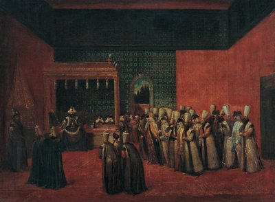 Sultan Ahmed III ontvangt een Europese ambassadeur door Vanmour