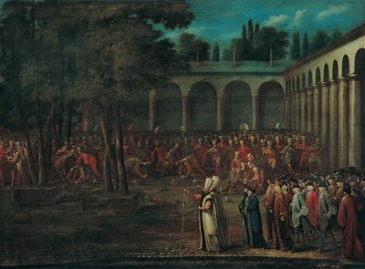 De ambassadeursdelegatie die door de tweede binnenplaats van het Topkapı-paleis trekt, 1720s door Vanmour
